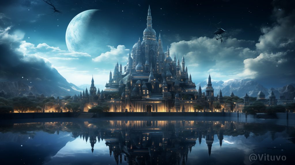 prompt提示词：未来与古代交融，奇幻建筑景观风格的创意之旅