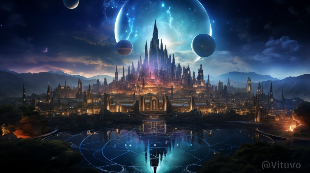 prompt提示词：未来与古代交融，奇幻建筑景观风格的创意之旅