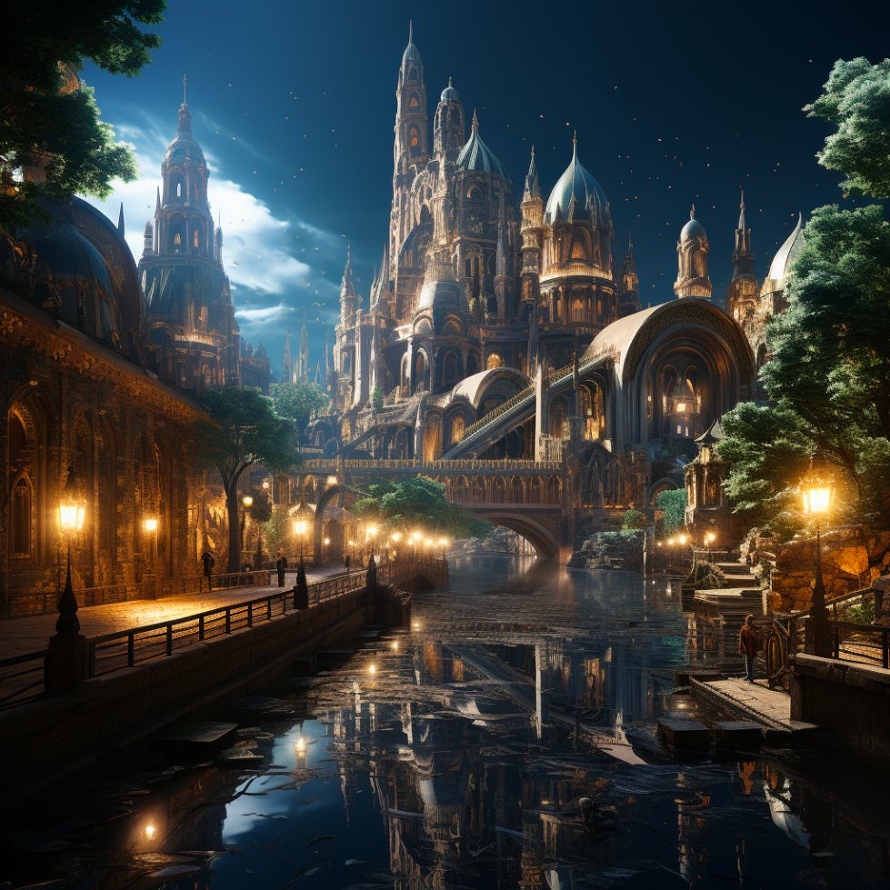 prompt提示词：未来与古代交融，奇幻建筑景观风格的创意之旅