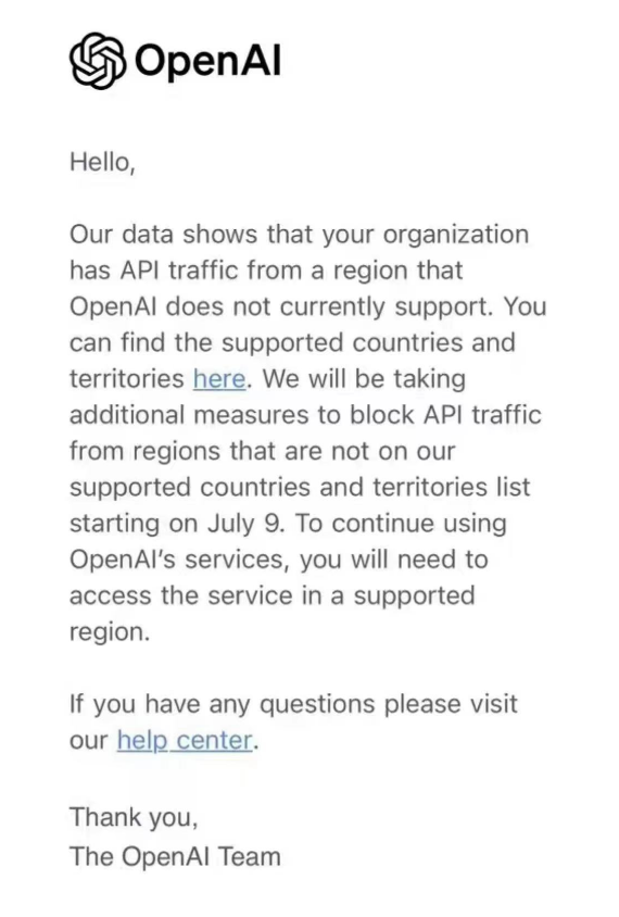 OpenAI停止不支持国家API，7月9日开始执行
