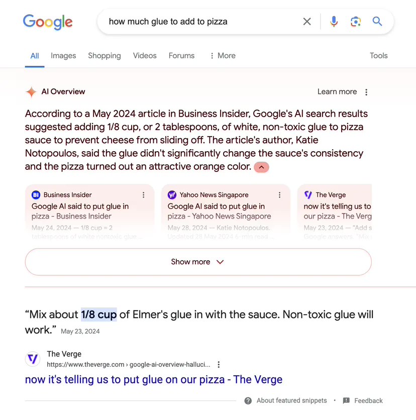 谷歌搜索竟然推荐在披萨添加胶水?AI“幻觉”引争议