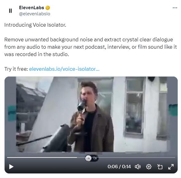 ElevenLabs发布消音神器VOICE ISOLATOR 可去除音频中的背景噪音