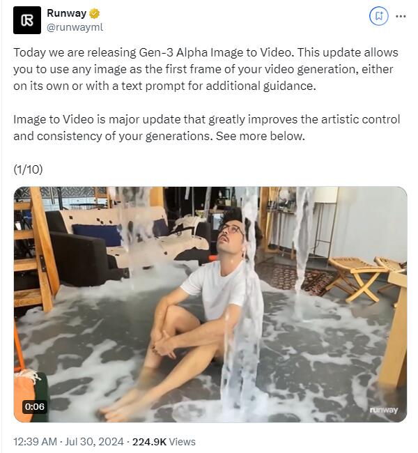 runway宣布Gen-3 Alpha上线图生视频功能 艺术控制力更强了