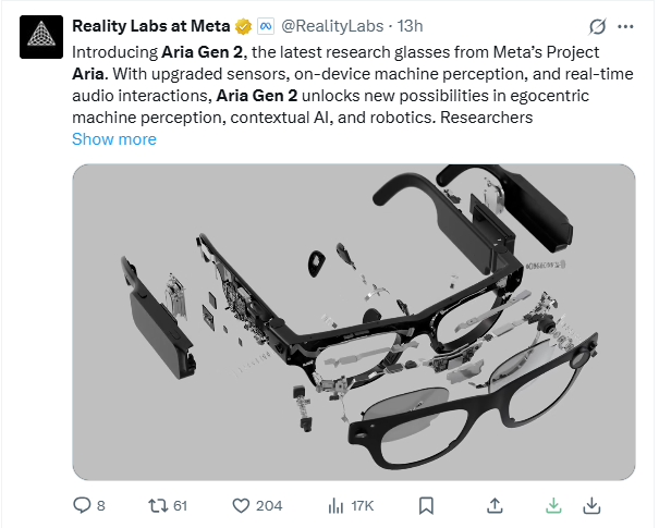 Meta Aria Gen 2 AI眼镜：未来科技触手可及 | 功能强悍的Aria Gen2眼镜发布