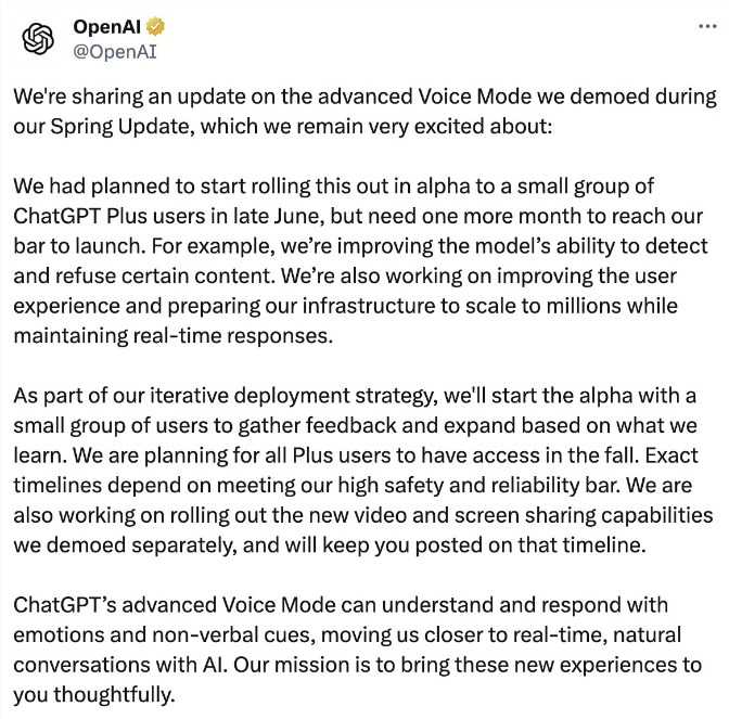 OpenAI将原定于6月下旬推出的GPT-4o语音模式推迟一个月