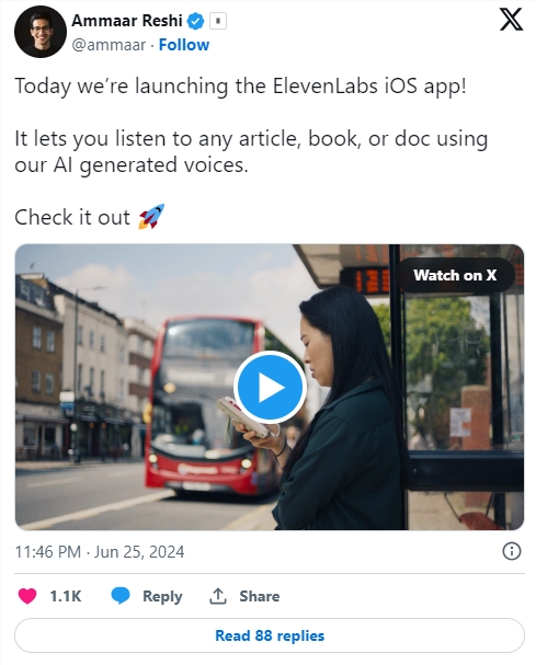 ElevenLabs推首个iOS应用Reader，可将任何文本转化为AI语音