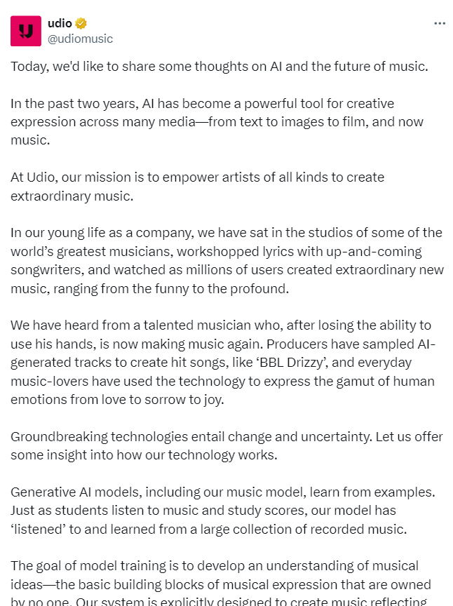 Udio回应遭唱片公司起诉：我们模型不复制受版权保护的作品