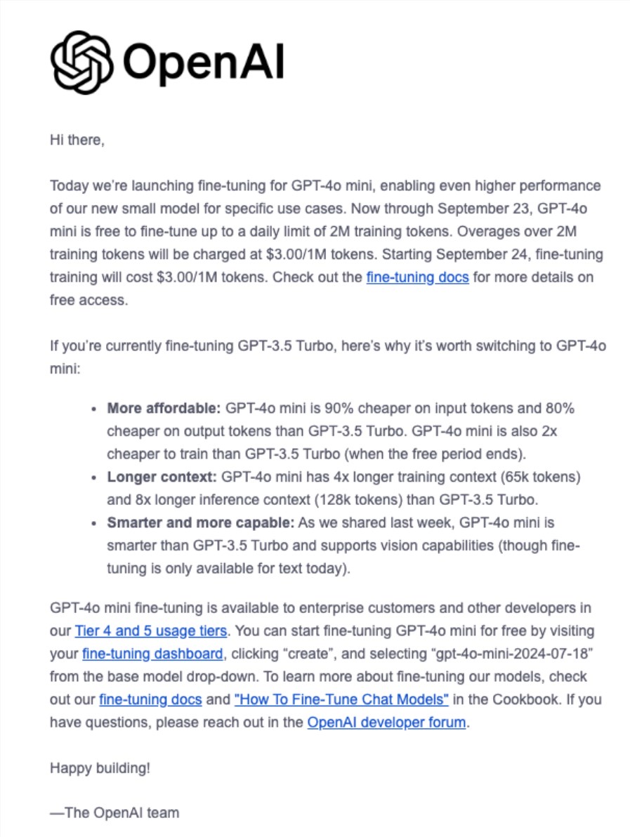 OpenAI推出GPT-4o mini微调功能 每天免费200万训练Tokens