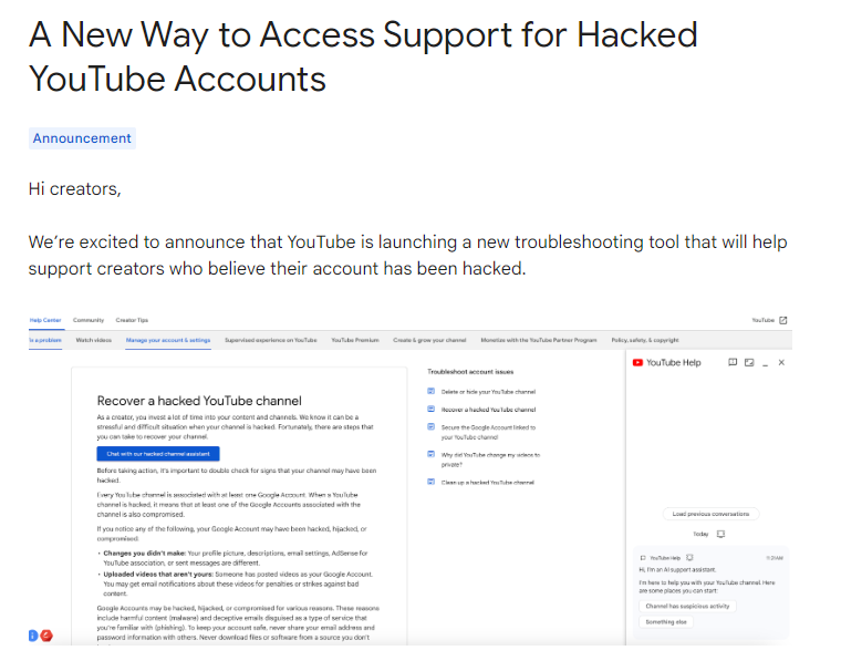 YouTube推出新AI助手,帮助创作者轻松找回被黑账号