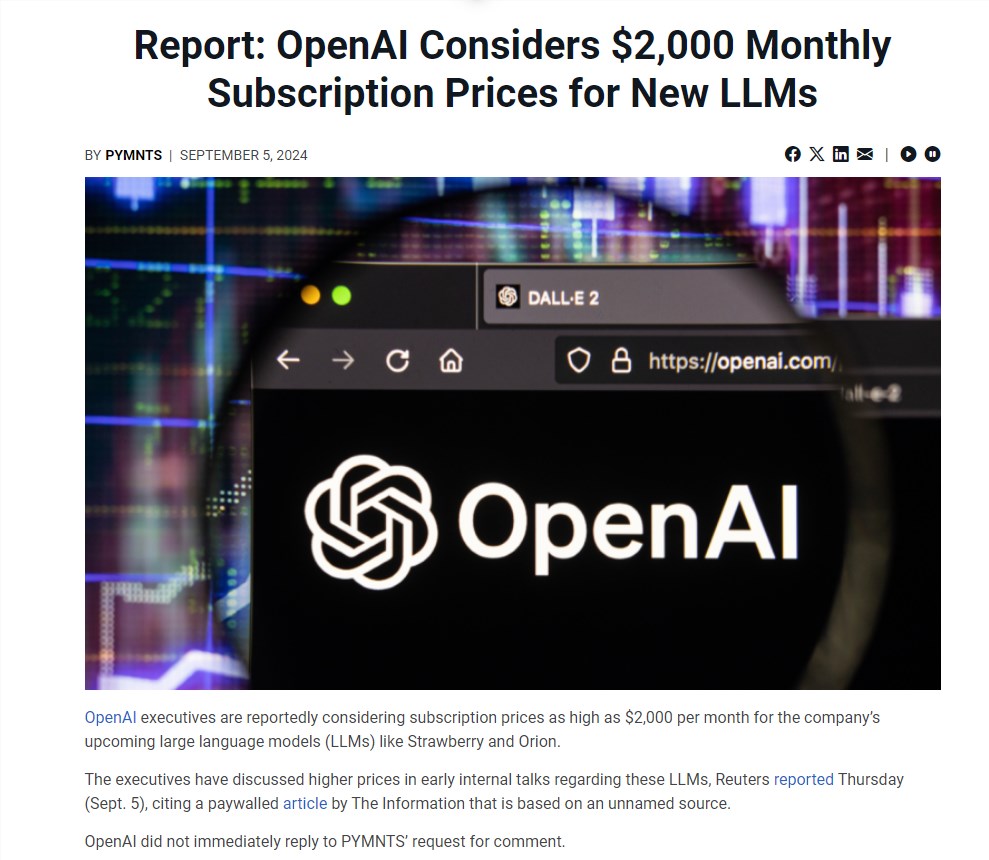付费商业用户突破百万！外媒称：OpenAI考虑推更高价位订阅服务：2000美元每月