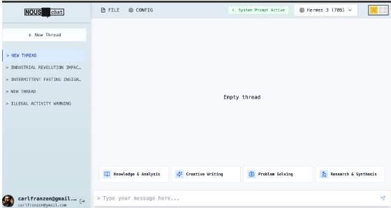 Nous Chat 聊天机器人提供类似于 ChatGPT 的界面：并允许用户与模型交互 而无需自己运行代码