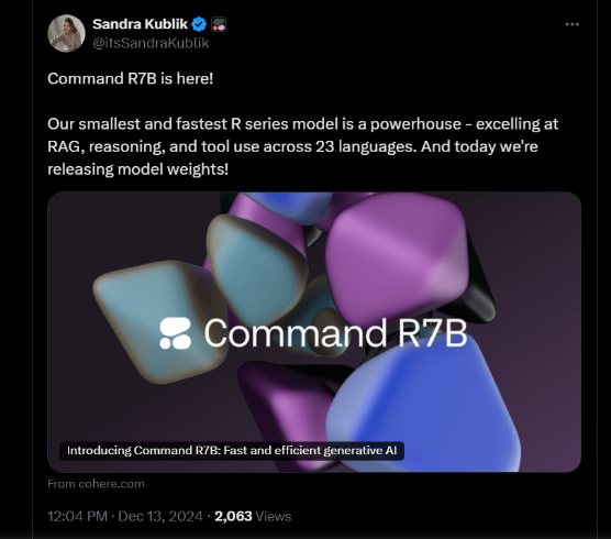 Cohere 推出 Command R7B 模型：小型高效，可在低端设备运行