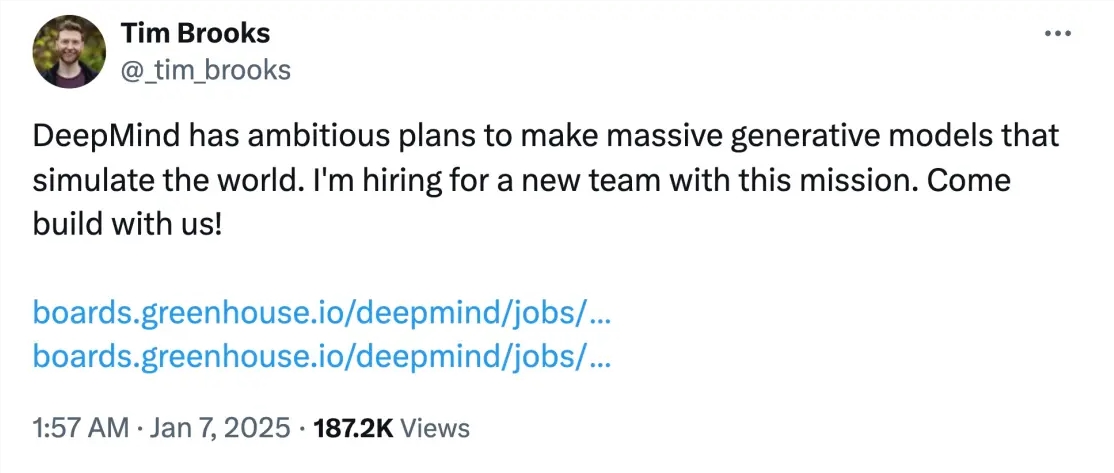 Tim Brooks 跳槽 DeepMind，欲打造新一代世界模型团队