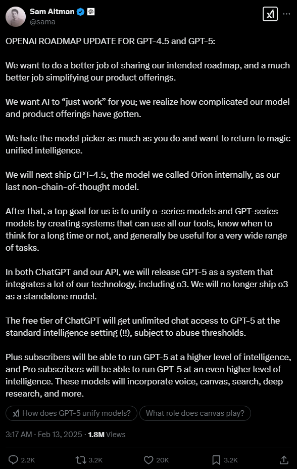 OpenAI将放大招 GPT-5免费无限使用：预计几个月内推出