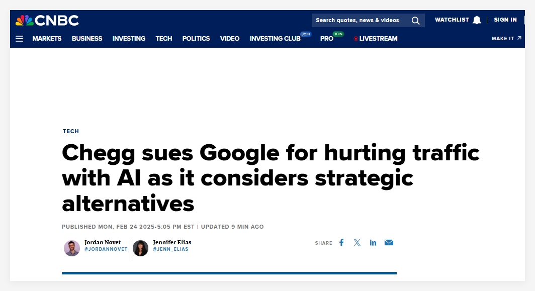 Chegg 起诉谷歌：AI 搜索摘要影响其流量与收入