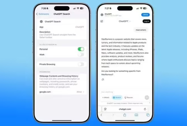 ChatGPT 更新后成为 Safari 浏览器的新搜索选择