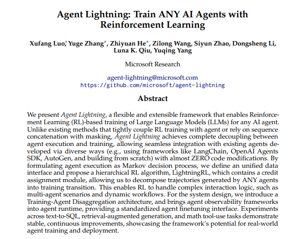 微软发布Agent Lightning强化学习框架，声称可训练任何AI代理系统