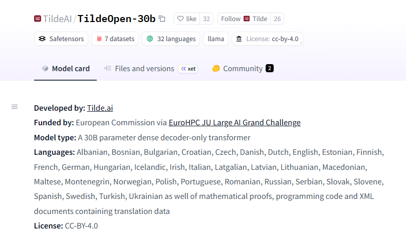 Tilde AI 发布开源 TildeOpen LLM：支持多种欧洲语言的超大语言模型