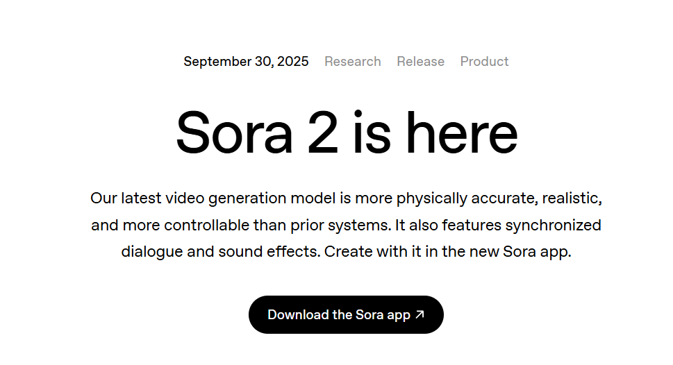 OpenAI 发布 Sora2及同名社交 App:Sora版“TikTok”，支持音视频同步生成