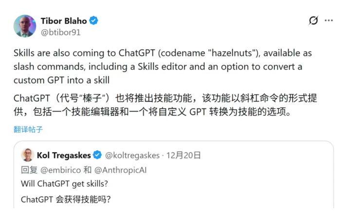 ChatGPT将推“技能（Skills）！OpenAI内部代号“榛子”，可组合、可移植、支持代码，2026年初或上线