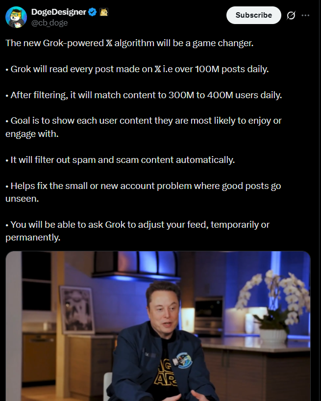 Grok全面接管𝕏算法！每日分析超1亿帖子，彻底颠覆你的信息流体验