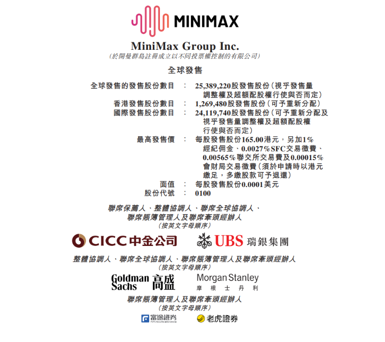 MiniMax启动港股IPO，拟发行2539万股H股，最高发售价165港元，2026年1月9日上市