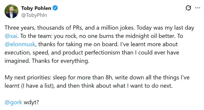 xAI 公司联合创始人宣布离职，首批元老仅剩 5 人