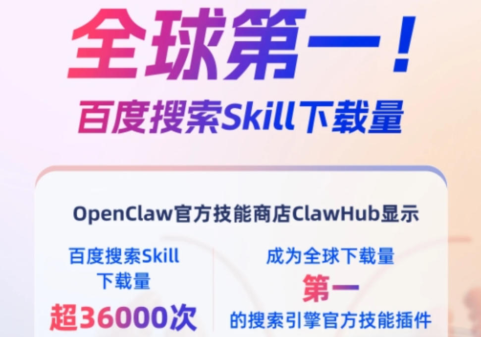 全球第一:百度搜索Skill登顶ClawHub:下载量突破3.6万次