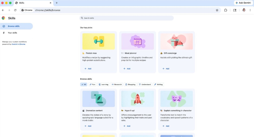 Chrome 为 Gemini 上线“技能库”：一键复用提示词，告别重复输入