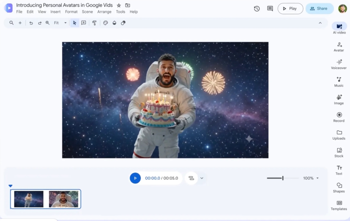 Google Vids引入Gemini Omni模型 上传自拍+音频就能定制专属数字分身
