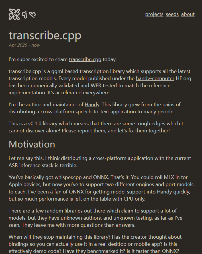 嫌whisper.cpp和ONNX不够用？Handy作者开源transcribe.cpp：60+转录模型、GPU加速、即插即用替代