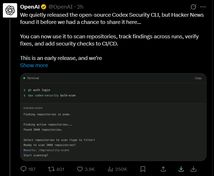 OpenAI 把安全审查塞进命令行：Codex Security CLI 开源，让漏洞在 CI 里自己现形