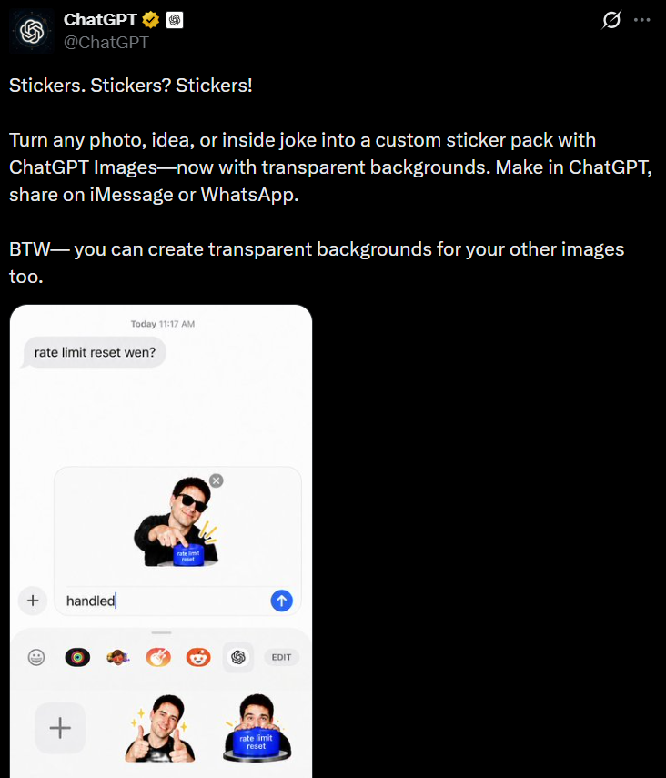 ChatGPT重磅上线自定义贴纸功能，完美打通两大社交巨头