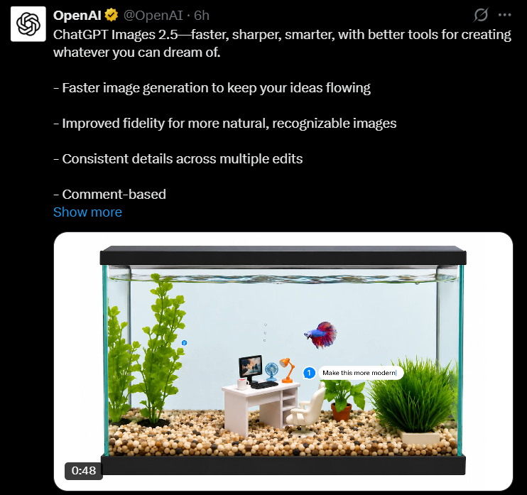 ​OpenAI 推出 ChatGPT Images 2.5，延迟砍半并解锁草图微调